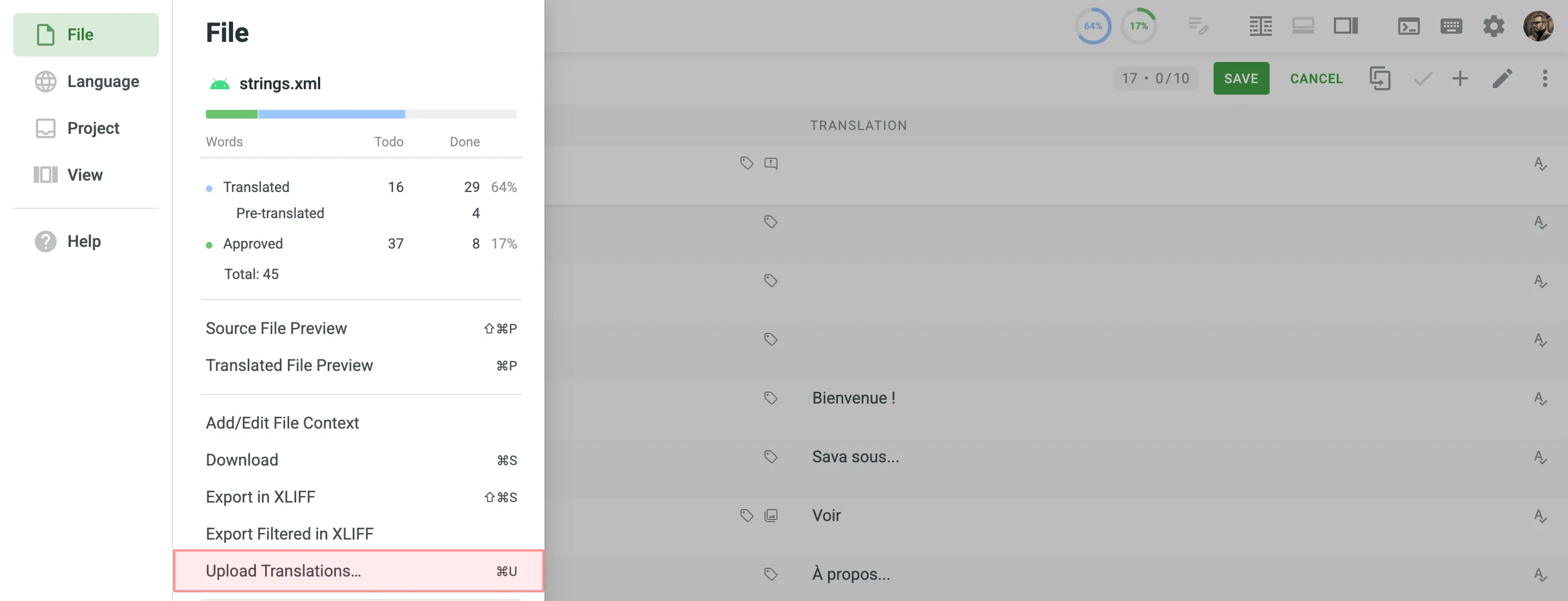 Upload Translations in Editor